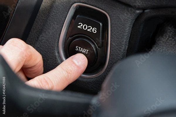 Obraz 2026 START written on the car button. A finger pressing a New Year 2026 start button. New Year change, challenge and resolution concept
