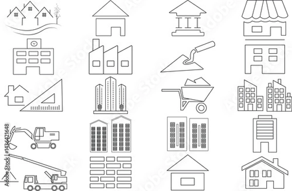 Fototapeta Corporate Asset and Value Growth Icon Set – Office Building, Wealth Indicators, Financial Trends Vector Illustration.