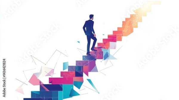 Fototapeta Businessman climbing stairs towards goal, business progress, abstract modern illustration, isolated on white background. 