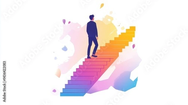 Fototapeta Businessman climbing stairs towards goal, business progress, abstract modern illustration, isolated on white background. 