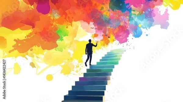 Obraz Businessman climbing stairs towards goal, business progress, abstract modern illustration, isolated on white background. 