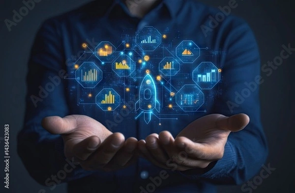 Obraz A person holding a digital rocket launch