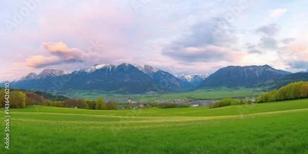 Fototapeta Happy woman standing with her back on sunset in nature . Panoramic view of a colorful sunset created by ai