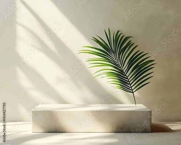Fototapeta A minimalist scene with a podium and green palm leaf