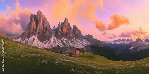Fototapeta Happy woman standing with her back on sunset in nature . Panoramic view of a colorful sunset created by ai