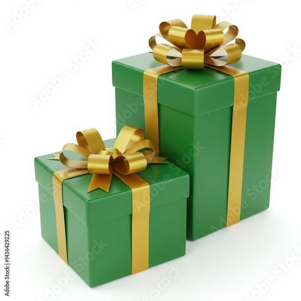Fototapeta Two green gift boxes with gold ribbons and bows sitting on a white surface in a studio shot