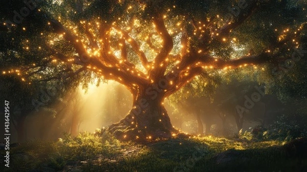 Fototapeta Enchanted arbor adorned with celestial lights illuminating a whimsical grove