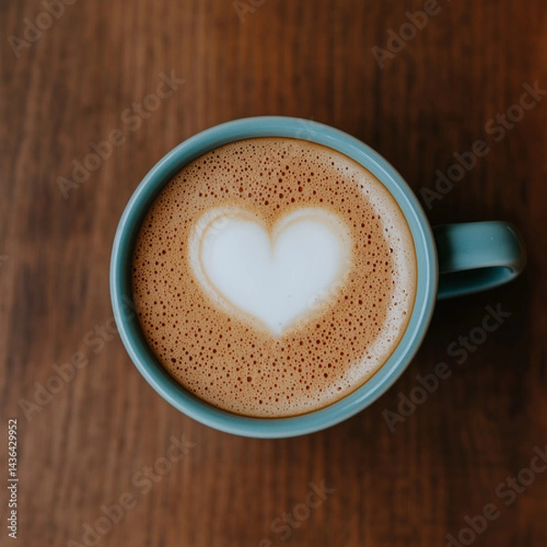 Fototapeta Teal cup full of cappuccino with latte art in the shape of a heart sits on a wooden table