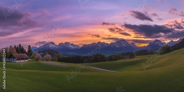 Fototapeta Happy woman standing with her back on sunset in nature . Panoramic view of a colorful sunset created by ai