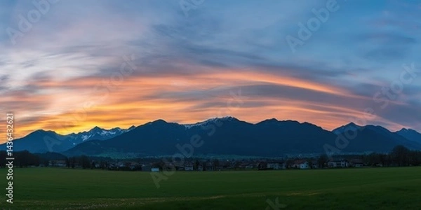 Fototapeta Happy woman standing with her back on sunset in nature . Panoramic view of a colorful sunset created by ai