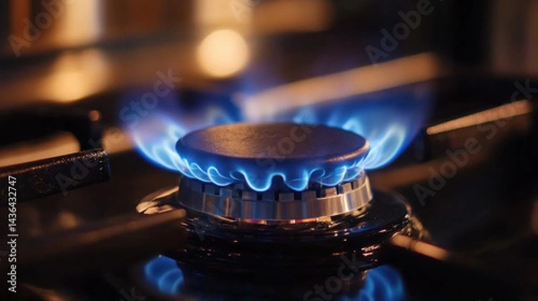 Fototapeta Blue Flames Emanating from a Gas Burner on a Modern Stove Top