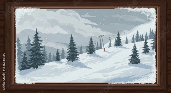 Fototapeta Ski Lodge Window View of Snowy Slopes and Pines