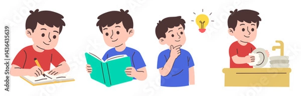 Fototapeta Cartoon boy character engaged in learning, creative thinking, and chores, depicting daily life and responsibility.