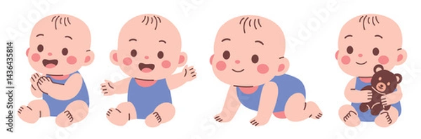 Fototapeta Charming cartoon illustrations showcase a baby's progress from sitting to crawling, expressing joy and innocence.