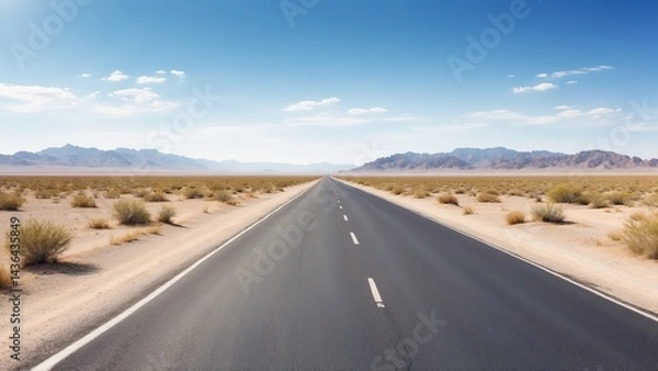 Fototapeta Bright Simple Landscape of an Empty Road Leading Into the Desert Under a Blue Sky