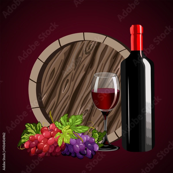 Fototapeta Wine and grapes in illustration.Color vector illustration with grapes and wine in a bottle and glass.