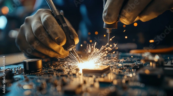 Fototapeta Close-Up of Hands Working on Circuit Board with Sparks Flying