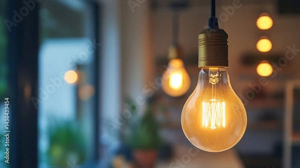 Fototapeta Warm Light Bulb Hanging in Modern Interior with Soft Focus Background