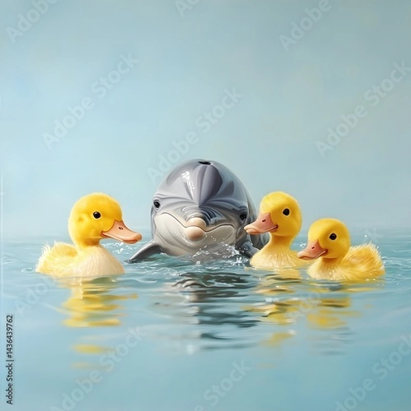 Fototapeta Yellow rubber bath ducks pose with a dolphin in the water.