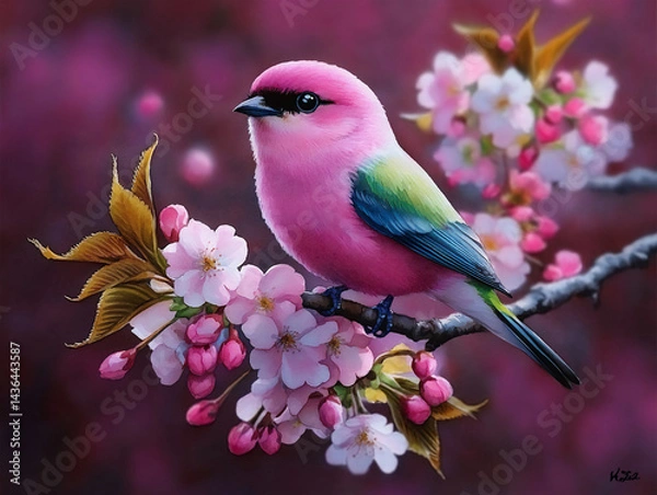 Fototapeta watercolor illustration of a cute little bird perched on a blooming cherry blossom branch