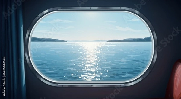 Fototapeta Ferry Cabin Window with Sparkling Sea at Dawn