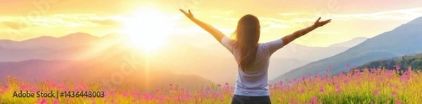 Fototapeta Happy woman standing with her back on sunset in nature . Panoramic view of a colorful sunset created by ai