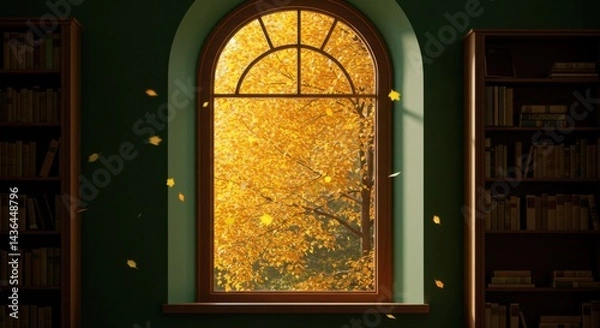 Fototapeta Autumn Library Window Illustration