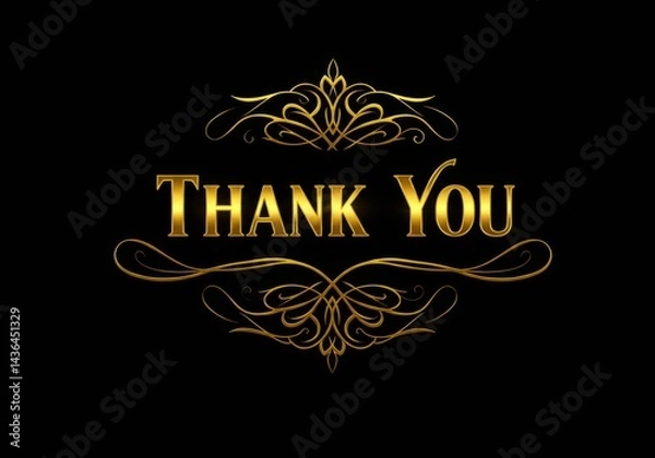 Obraz Golden thank you text with ornate flourish on black background for appreciation and gratitude message or greeting card concept.