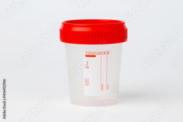Obraz Sterile medical sample container with red lid on white background, Close-up of an empty sterile plastic medical sample container with a red screw cap
