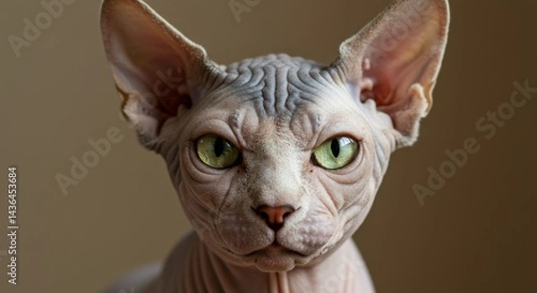 Fototapeta Sphynx Cat Close-up: Wrinkled Skin, Large Ears, and Piercing Eyes
