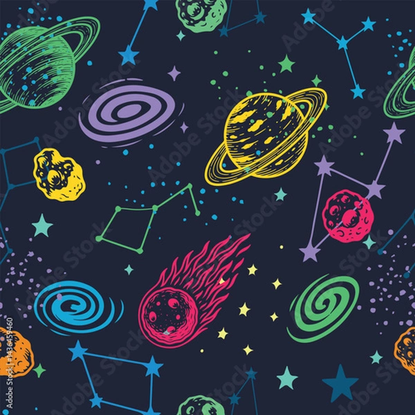 Fototapeta Seamless space pattern with planets, constellations, comets, stars, galaxies. Colorful cosmic background in cartoon style