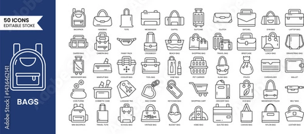 Fototapeta Bags line editable icon set. Contains icons related to types of bags. Vector illustration