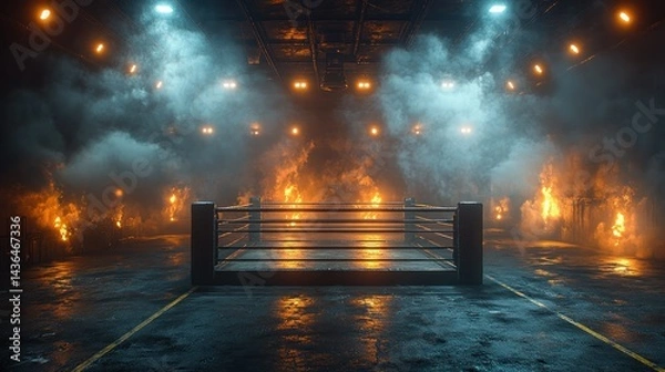 Fototapeta Empty boxing ring in a smoky, industrial setting