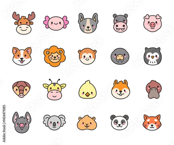 Fototapeta Animal face character set showing smiling heads of cute mammals, exotic creatures, birds and funny rodents with charming emotions for your creative projects