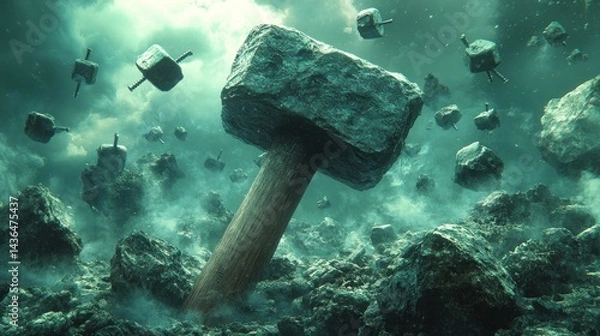 Obraz Stone Hammer Falling, Asteroid Field, Game Asset