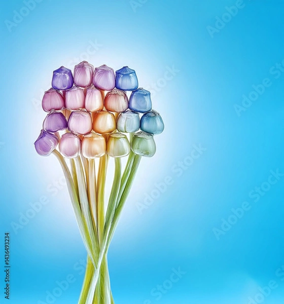 Fototapeta A bouquet of fresh onion bulbs in natural colors on blue background with empty space for text message.