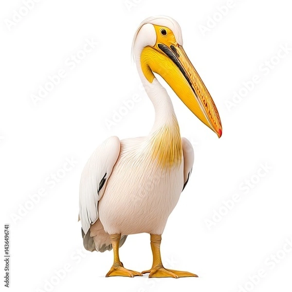 Fototapeta A majestic white pelican with a vibrant yellow beak and pouch, standing against a pure white background