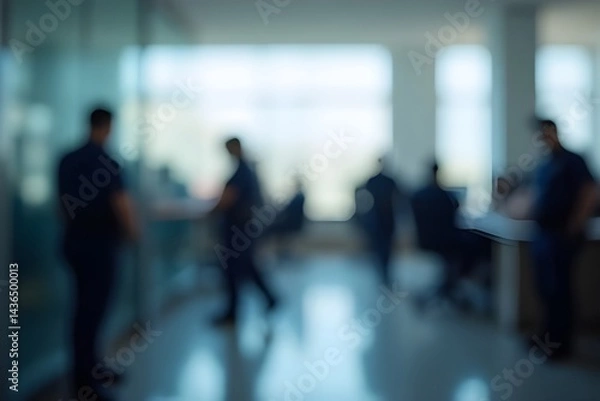 Fototapeta Blurred Police Office Background with Uniformed Officers and Minimal Crowd