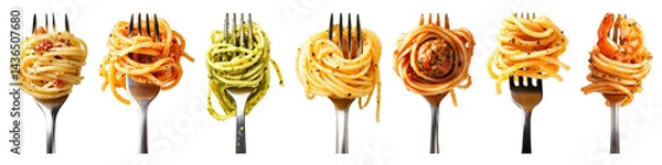 Fototapeta PNG Colorful pasta variety forks, element set on transparent background