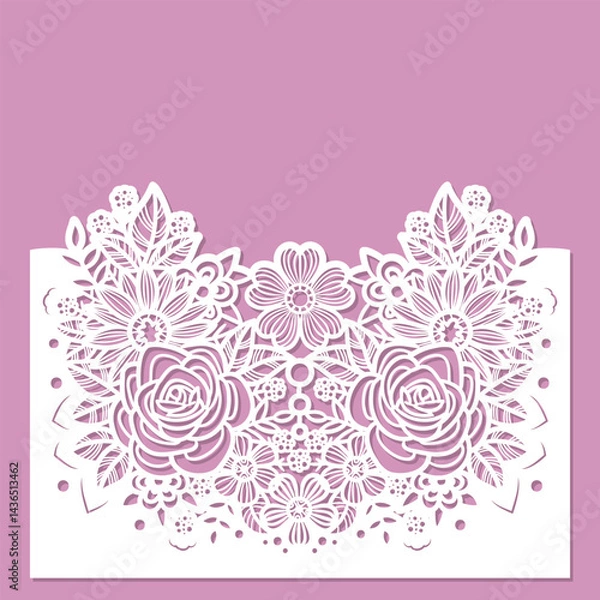 Fototapeta Envelope for wedding invitations. Beautiful openwork floral composition. Template for laser cutting from paper, cardboard, wood, metal. Vector
