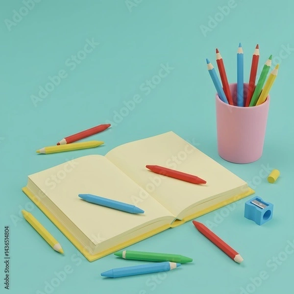 Fototapeta  a colorful scene with a pink cup holding various colored pencils