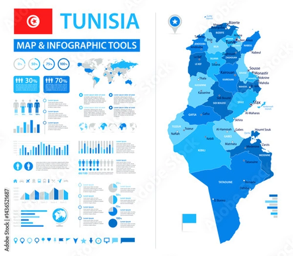 Obraz Tunisia Infographic Map with Data Visualization Elements - Vector Map of Tunisia