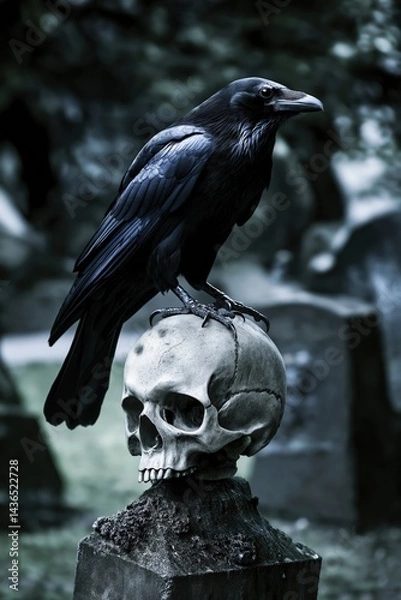Fototapeta A raven stood upon a human skull in a cemetary, very detailed, anatomically correct, clean and crisp realistic photo created by ai