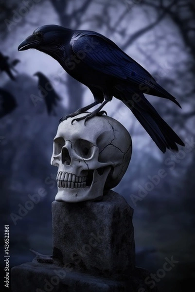 Fototapeta A raven stood upon a human skull in a cemetary, very detailed, anatomically correct, clean and crisp realistic photo created by ai