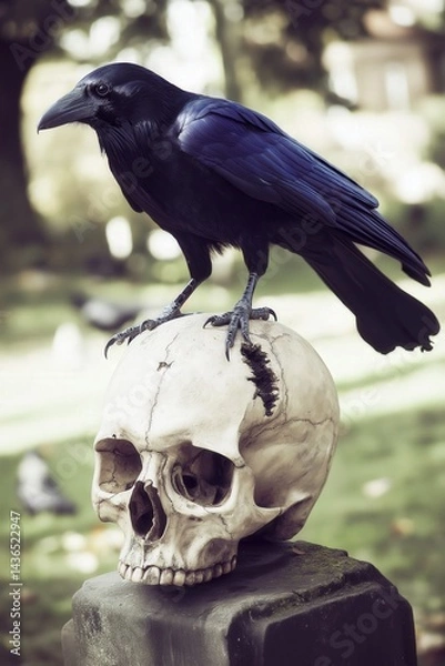Fototapeta A raven stood upon a human skull in a cemetary, very detailed, anatomically correct, clean and crisp realistic photo created by ai