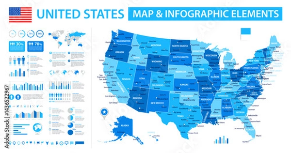 Fototapeta United States Infographic Map with Data Visualization Elements - Vector Map of United States of America