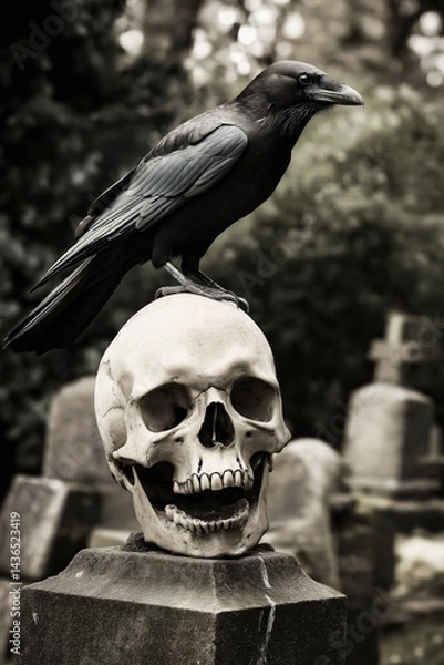 Fototapeta A raven stood upon a human skull in a cemetary, very detailed, anatomically correct, clean and crisp realistic photo created by ai