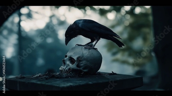 Fototapeta A raven stood upon a human skull in a cemetary, very detailed, anatomically correct, clean and crisp realistic photo created by ai