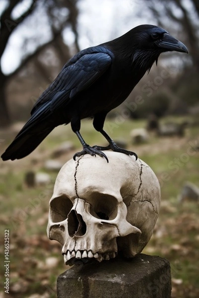 Fototapeta A raven stood upon a human skull in a cemetary, very detailed, anatomically correct, clean and crisp realistic photo created by ai