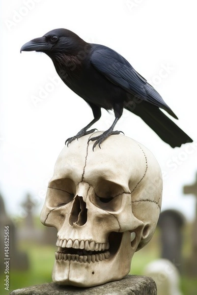 Fototapeta A raven stood upon a human skull in a cemetary, very detailed, anatomically correct, clean and crisp realistic photo created by ai